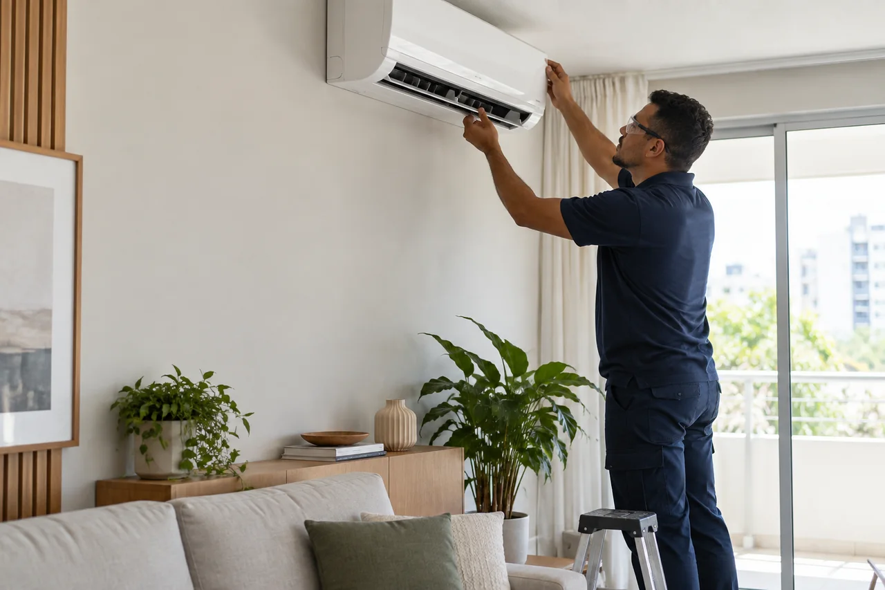 Cena ilustrativa de um profissional verificando um ar-condicionado em um ambiente residencial