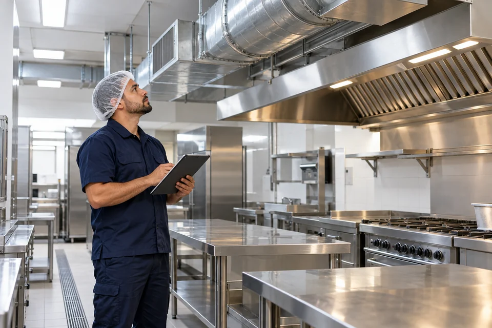 Cena ilustrativa de registro de manutenção da climatização em uma cozinha comercial limpa