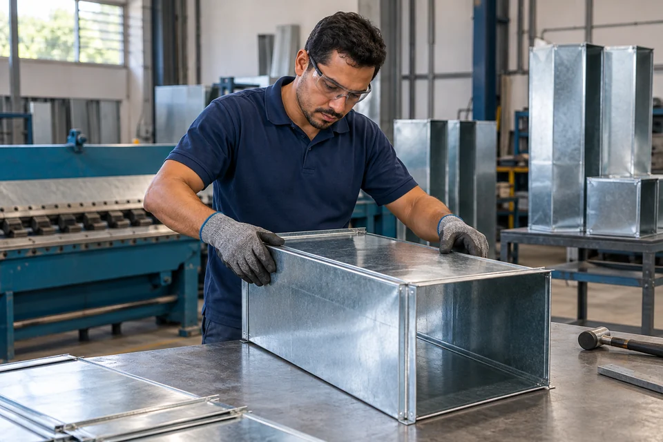 Cena ilustrativa de fabricação de uma seção de duto galvanizado em oficina