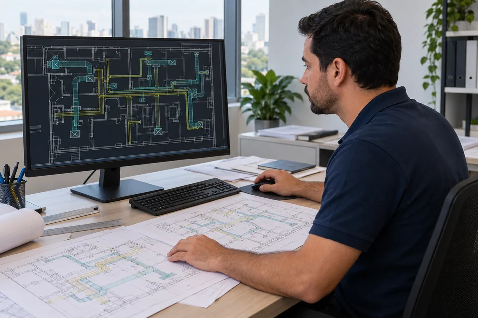 Cena ilustrativa de elaboração de uma planta de climatização em software CAD