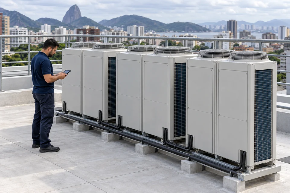 Cena ilustrativa de um profissional inspecionando unidades externas de um sistema VRF